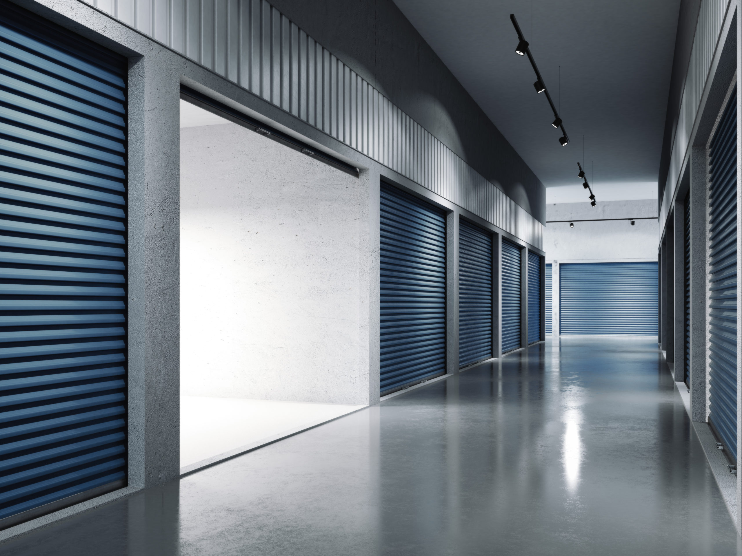 Storage,Facilities,With,Blue,Doors.,Opened,Door.,Light,Inside..,3d